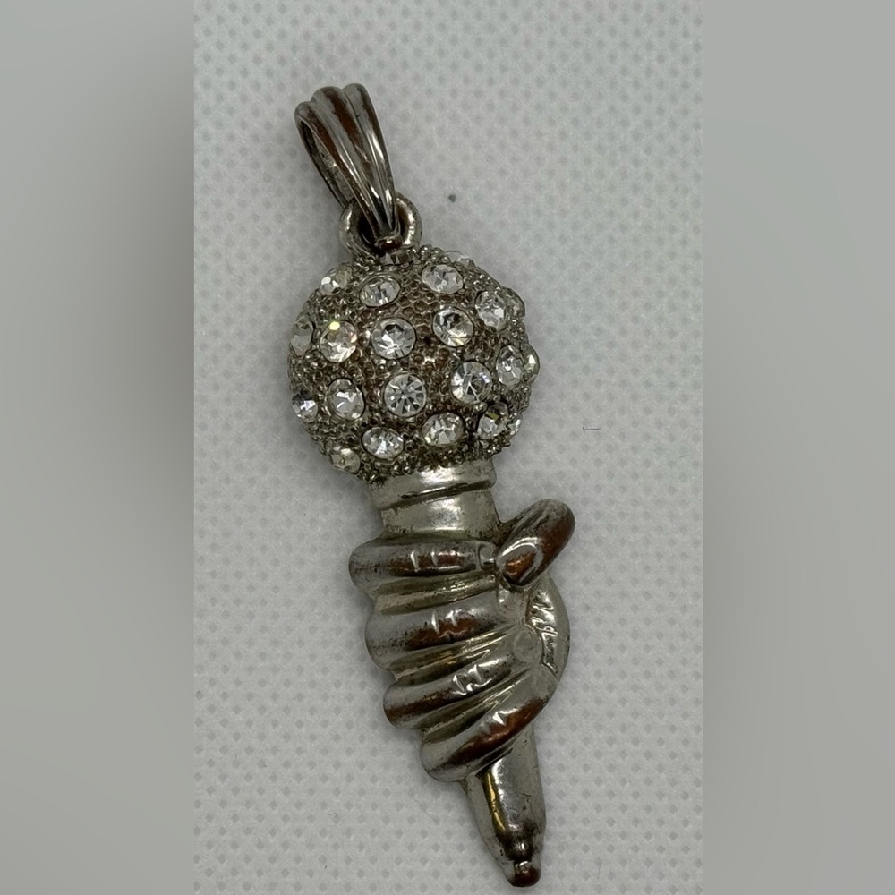 Silver Color Copper Coated Hand Holding Microphone Pendant with Rhinestones